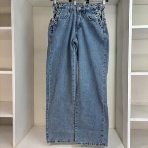 Womens Light Wash Denim Jeans Chain‎ Detail Wide Leg Y2K Style